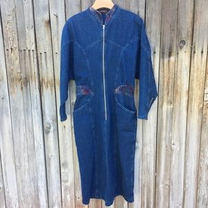 Vintage 90’s Y2K Carambola Embroidered Denim Midi Dress Blue 44